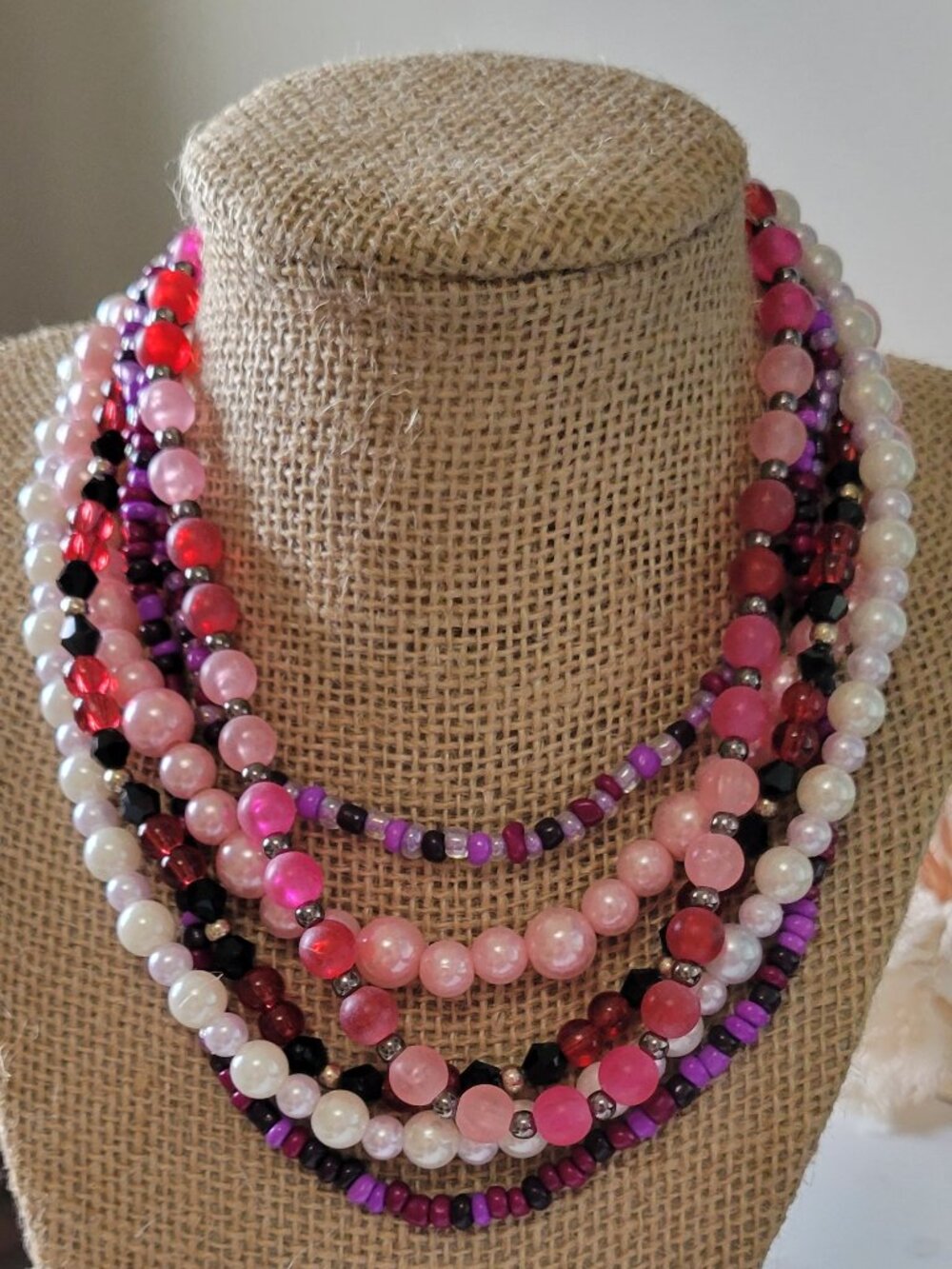 Six Strands of Blooming Colors Red Purple, Pink, Black, White Necklaces